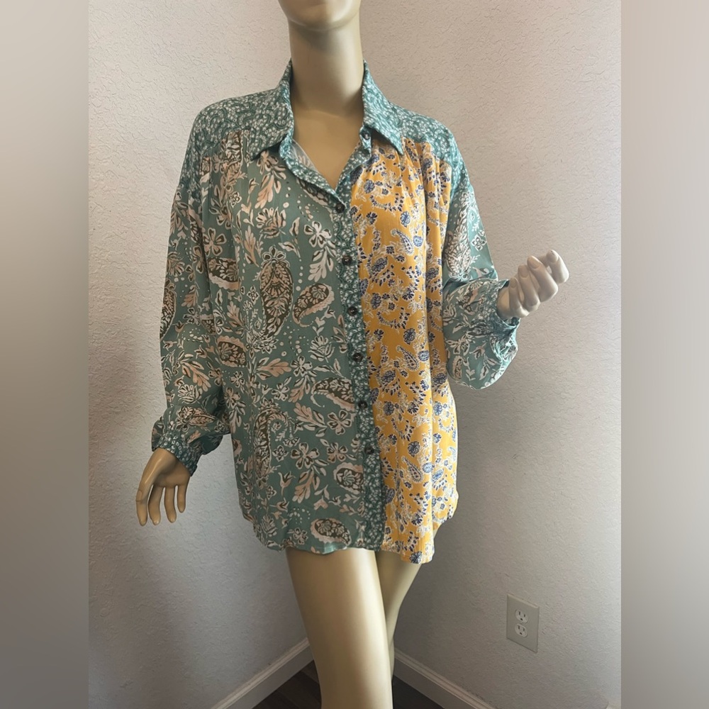 NWT Davi & Dani Mixed Print Slouchy Button Down Top, Sz S, MSRP $56.95